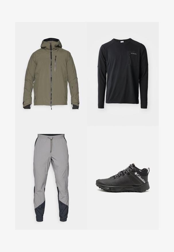 Olive green waterproof jacket with a hood, front zipper closure, chest pocket, and adjustable cuffs. Smooth texture with minimal seams.; Columbia COLUMBIA TECH™ LONG SLEEVE CREW - Long sleeved top - black; Lightweight, gray athletic pants with black accents. Elastic waistband, drawstring closure, tapered leg design, and side pockets.; Black athletic shoes with textured upper, contrasting white laces, and Columbia logo on the side. Features a rugged sole for traction.