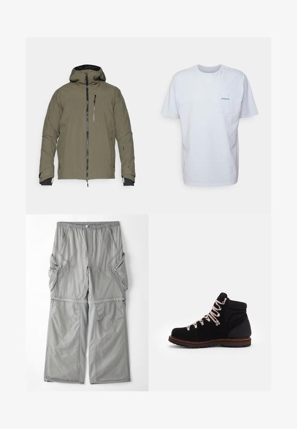 Oliven grøn vandtæt jakke med hætte, frontlynlås, brystlomme og justerbare manchetter. Glat tekstur med minimale syninger.; Hvid bomulds t-shirt med korte ærmer, rund hals og en lomme på venstre bryst med et blåt "Patagonia"-logo. Klassisk pasform med en glat tekstur.; Lysegrå, åndbare stofbukser med elastisk talje, sidelommer og kontrasterende grå piping langs sømmene. Løs pasform.; Sort ruskind vandrestøvle med pink snørebånd, metaløjer, polstret ankelstøtte og en tekstureret gummisåle, der har en kontrast brun mellemsål.
