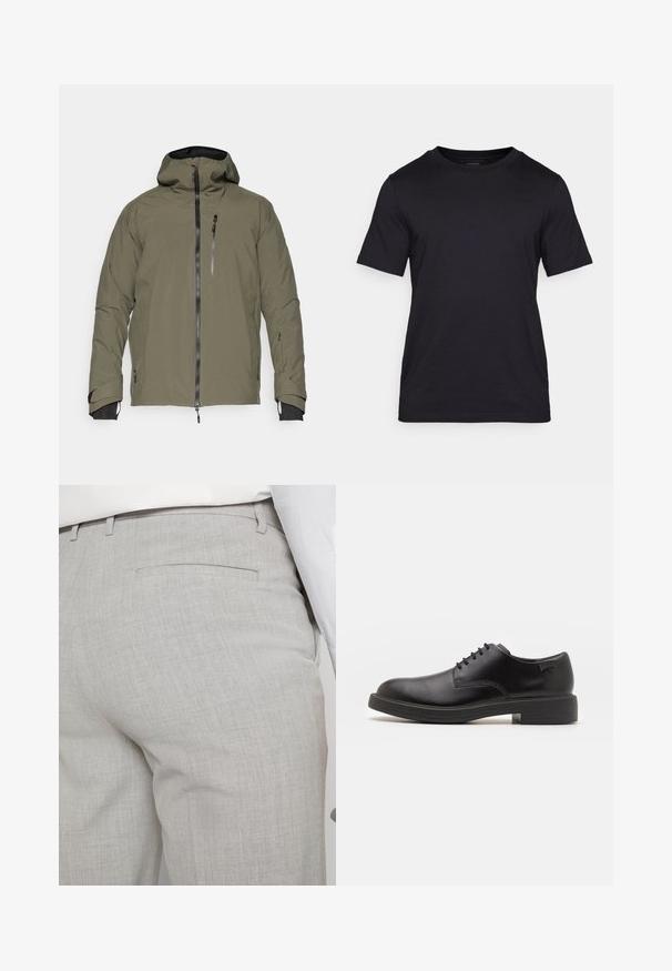 Olive green waterproof jacket with a hood, front zipper closure, chest pocket, and adjustable cuffs. Smooth texture with minimal seams.; Black T-shirt made of smooth fabric, featuring a crew neckline and short sleeves. Subtle branding printed in black on the chest.; Light gray tailored trousers made of textured fabric, featuring a single back pocket and clean stitching.; Black leather lace-up shoe with a rounded toe, smooth texture, minimal stitching, and a low rubber heel. Logo on the heel.