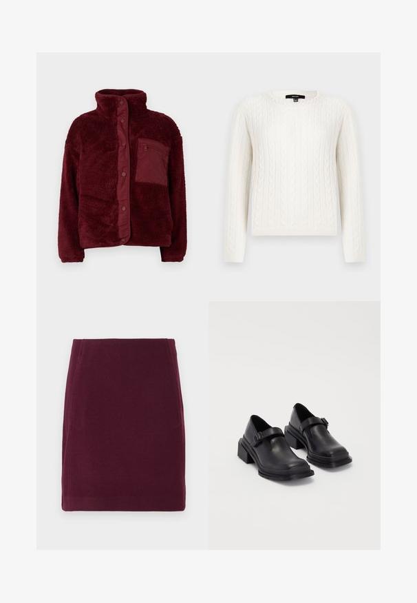 Burgundy fleece jacket with a high collar, snap button closure, and a textured fabric. Features a zippered chest pocket on the left side.; White cable-knit sweater featuring long sleeves, a round neckline, and a decorative pearl accent at the collar. Soft texture and fitted design.; Vero Moda VMFORTUNALLISON SHORT - A-line skirt - winetasting; Black leather shoes with a rounded toe, flat sole, and a strap with a buckle detail. Chunky block heel for added stability.