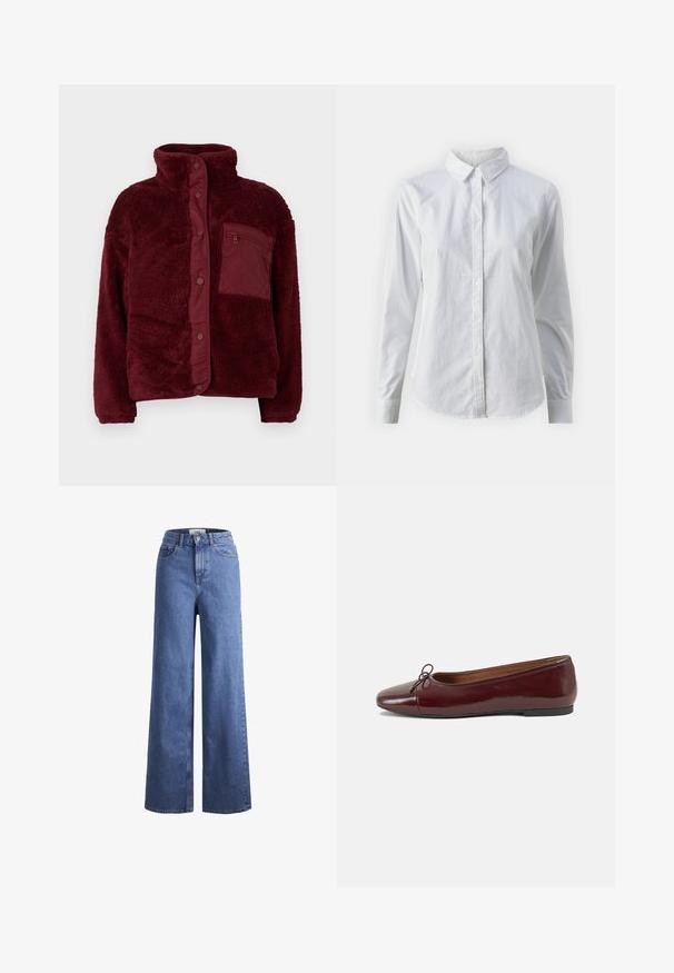 Bordeaux fleece jack met een hoge kraag, drukknoopsluiting en een gestructureerde stof. Beschikt over een ritszak op de borst aan de linkerkant.; Witte overhemd met knopen van glad katoen, met een klassieke kraag, lange mouwen en een afgeronde zoom. De knopen zijn klein en wit.; Lichtblauwe denim wijde jeans met een hoge taille, twee voorzakken en zichtbare stiksels. Voorzien van een knoop- en ritssluiting.; Bordeaux gepatenteerd lederen ballerina met een ronde neus, een klein strikaccent aan de voorkant en een lage, zwarte rubberen zool. Glad textuur.
