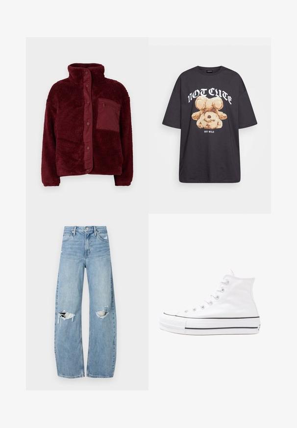 Burgundska flis jakna z visokim ovratnikom, zapiranje na gumbke in teksturirano tkanino. Ima žep z zadrgo na levi strani prsi.; Črna oversized majica s kratkimi rokavi, na kateri je grafika medveda z besedilom „NI SRČKAN VKLJUČNO Z DIVJIM“ v poudarjenem belem tisku. Material: bombaž.; Svijetloplave traperice visoki struk. Imaju široke nogavice, dva poderana područja na koljenima i klasičan petotoksi stil.; Beli visoki platneni športni čevelj z črnim gumijastim podplatom, sprednjim gumijastim zaščitnikom za prste in šestimi luknjicami za vezalke, ki se ponaša s preprostim, minimalističnim dizajnom.