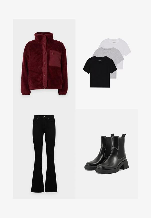 Bordeaux fleecejakke med høj krave, trykknaplukning og struktureret stof. Har en lynlåslomme på venstre side af brystet.; Sæt af tre kortærmede t-shirts i sort, grå og hvid. Fremstillet af bomuld, har en rund hals og et enkelt, ensfarvet design.; Sorte højtaljede jeans med knap- og lynlåslukning, forlommer og flagrende ben, lagt fladt på en hvid baggrund.; Sorte læder Chelsea-støvler med en kraftig hæl, elastiske sidepaneler og kontrastfarvet hvid syning. Tekstureret overflade.