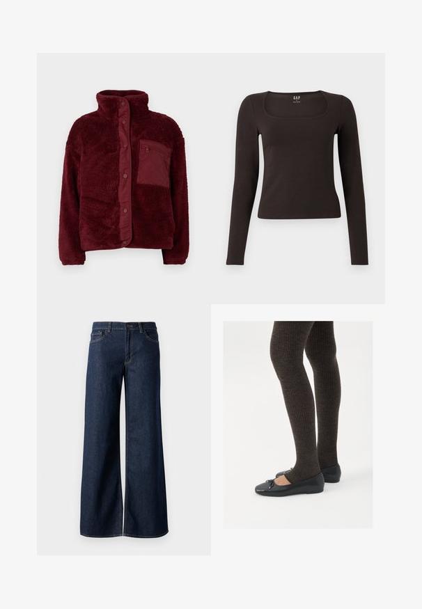 Giacca in pile bordeaux con colletto alto, chiusura con bottoni a pressione e tessuto testurizzato. Presenta una tasca sul petto con zip sul lato sinistro.; Maglietta nera a maniche lunghe, aderente, con scollatura quadrata, etichettata GAP, esposta su uno sfondo bianco.; Jeans a gamba larga in denim blu scuro. Presentano cuciture a contrasto, cinque tasche e una chiusura con bottone in vita. Texture morbida.; Scarpe nere a flat con un piccolo fiocco sulla punta, abbinate a collant a coste marrone scuro. Le scarpe hanno una texture liscia e un profilo basso.