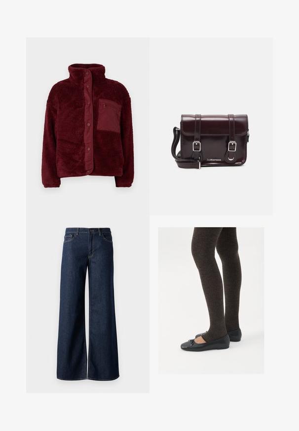 Burgundi spalvos vilnonių striukė su aukštu apykakle, snap mygtukų uždarymu ir tekstūruotu audiniu. Kairėje pusėje yra užtrauktuku užsegama krūtinės kišenė.; Juoda ilgomis rankovėmis, prigludusi bluzonėlė su kvadratine iškirpte, žymėta GAP, rodoma baltame fone.; Plati kojinės džinsai tamsiai mėlynos džinsinės medžiagos. Yra kontrastingas siuvimo ornamentas, penkios kišenės ir užsegimas mygtuku juosmenyje. Lygus paviršius.; Juodos plokščios bateliai su maža kaspinėlio detale prie pirštų, derinami su tamsiai rudos spalvos raukšlėtomis pėdkelnėmis. Bateliai turi lygų paviršių ir žemą profilį.; Bordo lakinės odos krepšys per petį, stačiakampio formos, su dviem diržais, sidabrinėmis detalėmis ir užtraukiama kiautu.