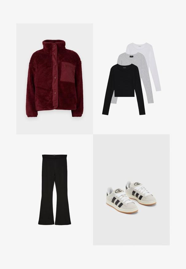 Burgundy fleece jacket with a high collar, snap button closure, and a textured fabric. Features a zippered chest pocket on the left side.; Three long-sleeve tops stacked: black, grey, and white. Each has a round neckline and a cropped design with smooth, lightweight fabric.; Black flare leggings made from stretchy fabric. Features a wide waistband and a smooth texture, with a fitted silhouette that flares at the hem.; Gray suede sneakers with white laces, black stripes, and a white rubber sole. Features a circular logo on the tongue and a gum sole.