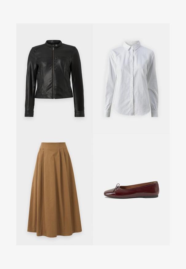 Juodas dirbtinės odos švarkas su pakeltu apykaklės kraštu, užtrauktuku, dviem šoninėm kišenėm ir struktūruotais pečių paneliais. Lygus tekstūra, prigludęs siluetas.; Balta marškinėliai su mygtukais, pagaminti iš lygios medvilnės, su klasikiniais apykaklės, ilgomis rankovėmis ir lenktu kraštu. Mygtukai maži ir balti.; Ruda medvilninė A formos sijonas su aukštu liemeniu, puikuojantis klostėmis priekyje ir lygia tekstūra. Apdailos kraštai yra švarūs ir paprasti.; Bordo lakiotos odos baleto bateliai su apvalia nosimi, maža kaspinėlio akcentu priekyje ir žema juoda guma padanga. Lygi tekstūra.