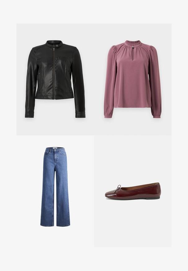 Jaqueta de couro sintético preta com colarinho de gola alta, fecho com zíper, dois bolsos laterais e painéis estruturados nos ombros. Textura suave, forma ajustada.; Blusa de manga longa em cor malva com gola franzida, decote em forma de olho de fechadura com fechamento por botão e ombros ligeiramente bufantes.; Jeans de ganga azul claro, de perna larga e cintura alta, com dois bolsos frontais e costuras visíveis. Apresenta um fecho de botão e zíper.; Bailarinas em couro sintético borgonha com bico redondo, pequeno laço na frente e sola baixa em borracha preta. Textura suave.