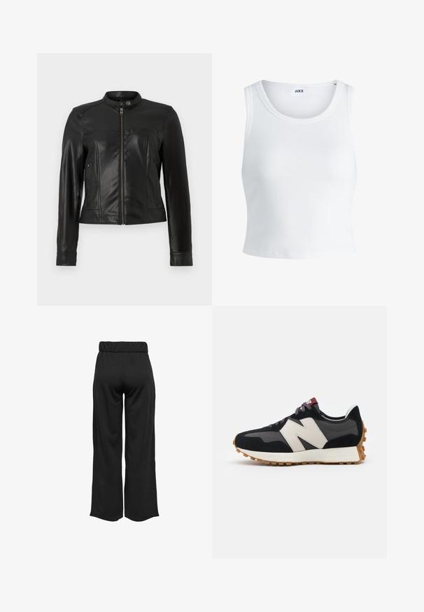 Veste en simili cuir noir avec un col montant, fermeture éclair, deux poches latérales et des panneaux d'épaules structurés. Texture lisse, coupe ajustée.; Débardeur blanc côtelé avec un col rond, sans manches et d'une longueur cropped. L'étiquette indique "JJXX". Texture du tissu lisse.; Pantalons noirs à jambes larges avec une taille élastique, fabriqués à partir d'un tissu lisse. Présente un design épuré sans poches ni détails de couture visibles.; Baskets en suede noir et gris avec un grand logo "N" couleur crème, lacets violets et semelle extérieure en caoutchouc gomme texturé.