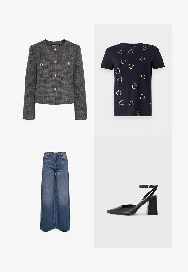 Pieces PCNUA JACKET - Lengva striukė - dark grey; Jūriniai trumpų rankovių marškinėliai iš medvilnės, su auksinėmis širdies formos raštais, išsibarsčiusiais per audinį. Apvalus iškirpimas. Minkšta tekstūra.; Plačios šlaunies mėlynos džinsinės kelnės su aukštu liemeniu, klasikiniu penkių kišenių dizainu ir išblukusia plovimo spalva, užtikrinančia laisvą prigludimą.; Juoda odinė smailiagalė aukštakulnio bateliai su kulkšnies dirželiu ir storu kulnu. Lygus paviršius, elegantiškas dizainas ir minimalistiška estetinė.