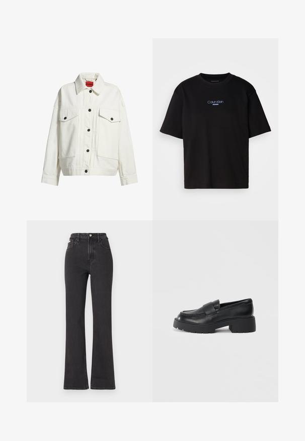 Biała dżinsowa kurtka z kołnierzykiem, dwiema przednimi kieszeniami, czarnymi guzikami i lekko oversize'owymi rękawami. Posiada czerwoną metkę marki.; Czarna bawełniana koszulka z okrągłym dekoltem, krótkimi rękawami i niebieskim haftowanym logo "Calvin Klein JEANS" z przodu.; Czarne jeansy z wysokim stanem i rozszerzanym dołem, wykonane z denimu, z zapięciem na guzik, szlufkami na pasek oraz kieszeniami bocznymi. Gładka faktura z minimalnym przetarciem.; Czarne skórzane loafersy o teksturowanym wykończeniu, z prostokątnym paskiem na wierzchu i masywną, żebrowaną podeszwą.
