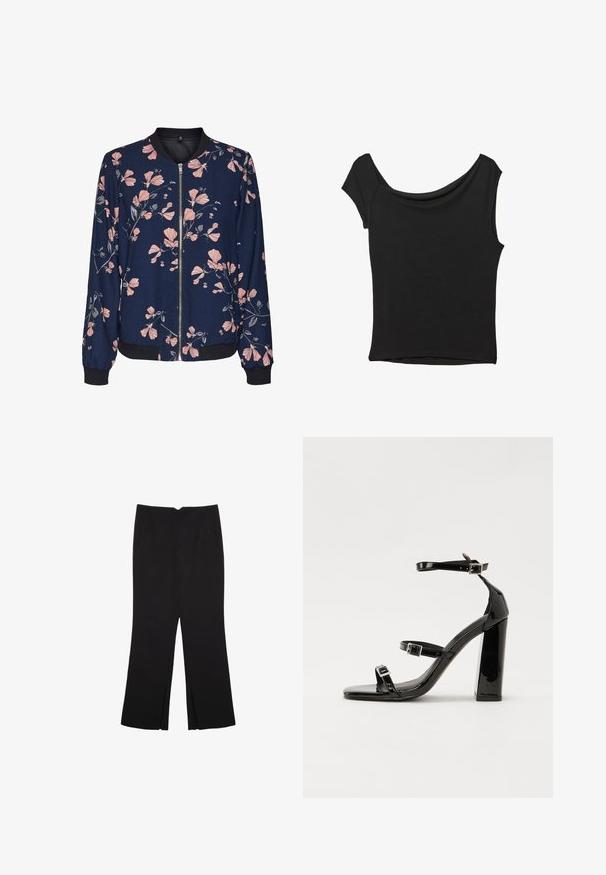 Kvetinová bomber bunda s námorníckym pozadím, so svetloružovými kvetinovými vzormi, so zipsom na prednej strane a rebrovanými manžetami a lemom. Mäkka tkanina.; Čierny krátky rukáv top vyrobený z hladkej tkaniny; má prehnutý výstrih a asymetrický lem, s priliehavým telom.; Čierne nohavice so strihom rovného strihu, s prednými vreckami a bočnými rozparkami na leme. Vyrobené z mäkkej, hladkej tkaniny. Vhodné na rôzne príležitosti.; Čierne lakované sandále na podpätku so štvorcovou špičkou, navlečenými remienkami okolo členku a striebornými prackami. Disponujú masívnym blokovým podpätkom pre stabilitu.