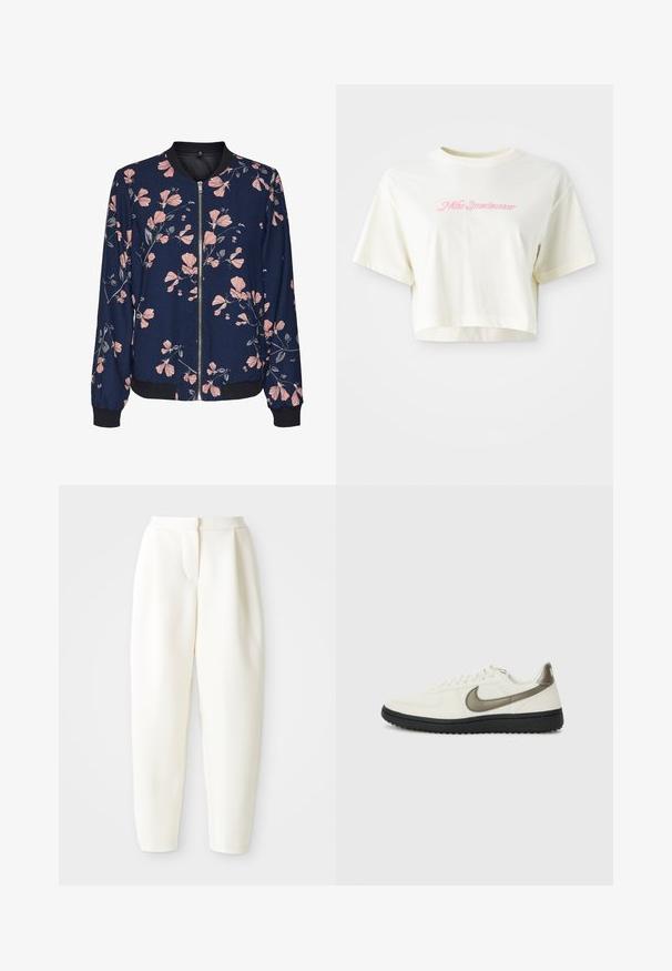 Casaco bomber floral com fundo azul marinho, apresentando padrões florais em rosa, com fecho zip e punhos e bainha canelados. Tecido macio.; T-shirt cortada, de cor creme, feita de algodão. Apresenta um logo bordado em rosa que diz "Nike Sportwear". Com mangas curtas e gola redonda.; Calças brancas de cintura alta e corte tapered com fecho frontal oculto e bolsos laterais, exibidas contra um fundo branco liso.; Nike Sportswear FIELD GENERAL - Sapatilhas - off-white/black
