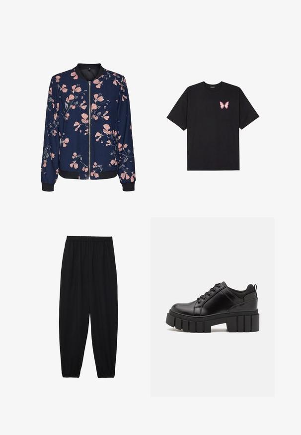 Floral bomber jacket with a navy background, featuring pink floral patterns, a zip front, and ribbed cuffs and hem. Soft fabric.; Black cotton t-shirt with short sleeves, featuring a small pink butterfly graphic on the left chest. Crew neck design with a relaxed fit.; Black, lightweight pants with an elastic waistband and gathered ankles. The fabric is smooth and features a relaxed, tapered design.; Black leather platform shoes with a chunky block heel, round toe, and traditional lace-up design. Features smooth texture and minimal detailing.