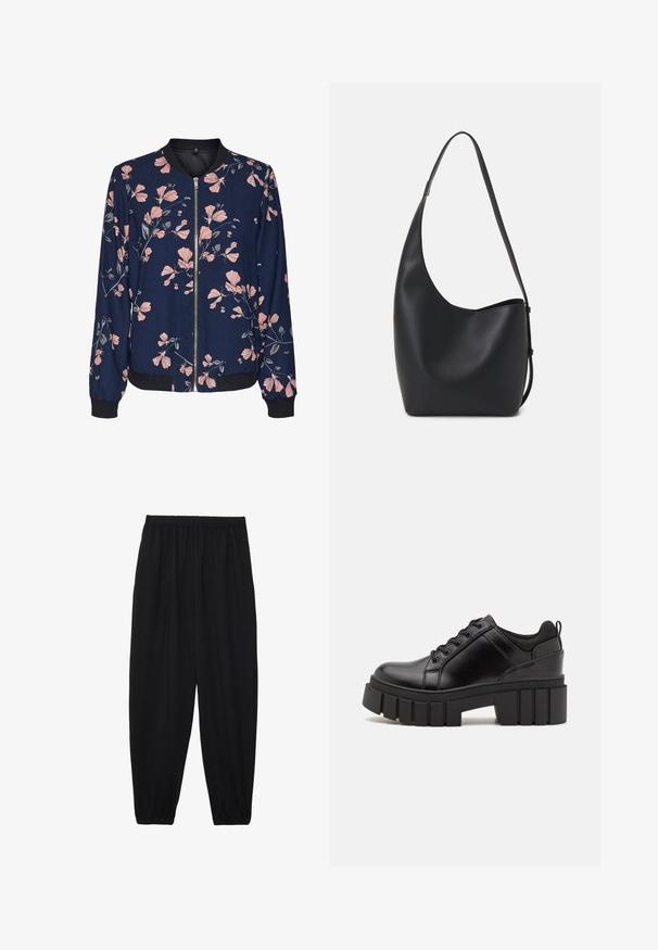 Blumen-Bomberjacke mit marinefarbenem Hintergrund, die pinke Blumenmuster, einen Reißverschluss vorne sowie gerippte Bündchen und Saum aufweist. Weicher Stoff.; Schwarzes Baumwoll-T-Shirt mit kurzen Ärmeln, das ein kleines pinkes Schmetterlingsmotiv auf der linken Brust zeigt. Crewneck-Design mit einem entspannten Schnitt.; Schwarze, leichte Hosen mit einem elastischen Bund und gerafften Knöcheln. Der Stoff ist glatt und hat ein entspanntes, schmal zulaufendes Design.; Schwarze Lederplateauschuhe mit klobigem Blockabsatz, runder Zehenpartie und traditionellem Schnürdesign. Verfügt über eine glatte Textur und minimale Details.; Schwarze Leder-Hobo-Tasche mit einer glatten Textur, geschwungener Form und einem einzelnen verstellbaren Tragegurt; verfügt über eine weite Öffnung am oberen Ende.