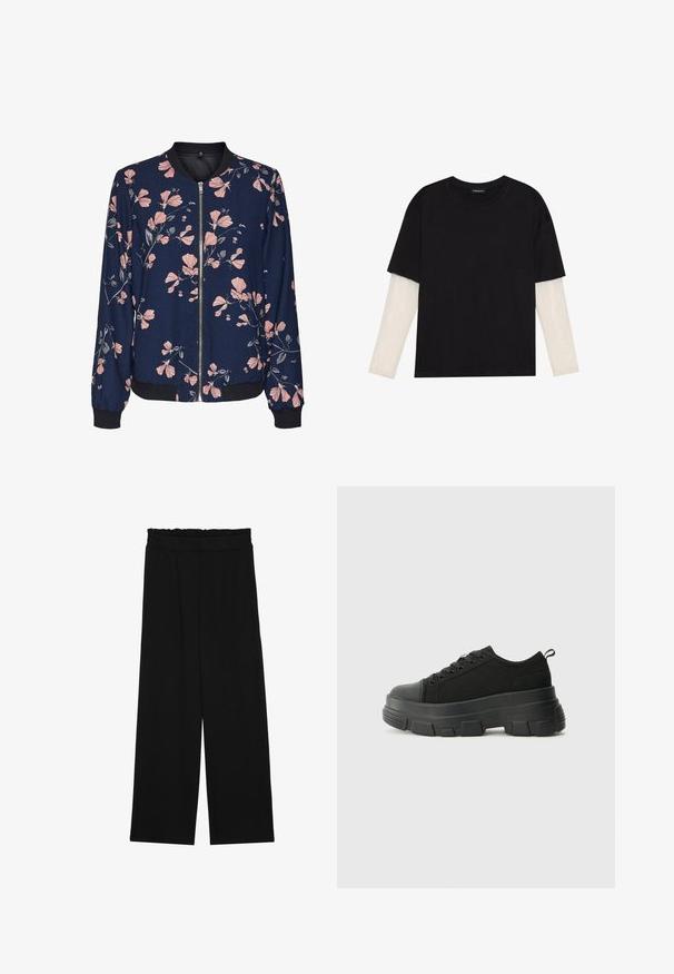 Bloemige bomberjack met een marineblauwe achtergrond, featuring roze bloemmotieven, een rits aan de voorkant en geribde manchetten en zoom. Zachte stof.; Zwarte T-shirt van katoen, met korte mouwen over een witte lange mouw laag met een subtiel textuurpatroon. Ronde hals ontwerp.; Zwarte wijde broek met een gerimpelde tailleband, voorzien van twee zijzakken en een soepele, lichte stof. Geen zichtbare patronen of hardware.; Zwarte sneakers met een stevige rubberen zool, textiel bovenwerk, ronde neus en vetersluiting. Beschikt over versterkte oogjes en een trekstrip aan de achterkant.
