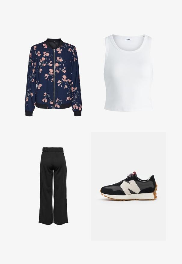 Ziedu bomberis ar tumši zilu fona, ar rozā ziedu rakstu, ar rāvējslēdzēju priekšpusē un ribota apakšdaļa un piedurknes. Mīksta auduma.; Balts ribots topiņš ar apaļu kakla izgriezumu, bez piedurknēm un īsā garumā. Uz birkas ir rakstīts "JJXX." Gluda auduma tekstūra.; Melnas, platas bikses ar elastīgu jostu, izgatavotas no gludas auduma. Iespējamā tīra dizaina ar bez kabatām un redzamām šuvēm.; Melnas un pelēkas zamšādas sporta kurpes ar lielu krēmkrāsas "N" logotipu, purpura šņorēm un strukturētu gumijas zoli.