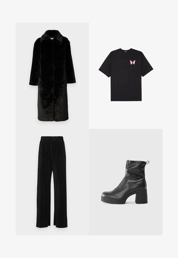 Abercrombie & Fitch Faux Fur Coat - Κλασικό παλτό - black beauty; Μαύρο βαμβακερό μπλουζάκι με κοντά μανίκια, διαθέτοντας ένα μικρό ροζ γραφικό πεταλούδας στο αριστερό στήθος. Σχέδιο με στρογγυλή λαιμόκοψη και άνετη εφαρμογή.; Μαύροι πλισέ παντελόνια με ελαστική μέση. Διαθέτουν φαρδιά πόδια και μαλακό, υφασμάτινο υλικό με κατακόρυφες ρίγες.; Μαύρες μποτές μέχρι τον αστράγαλο από λείο δέρμα, με πλευρικό φερμουάρ, χοντρό υφασμάτινο τακούνι και στρογγυλή μύτη.