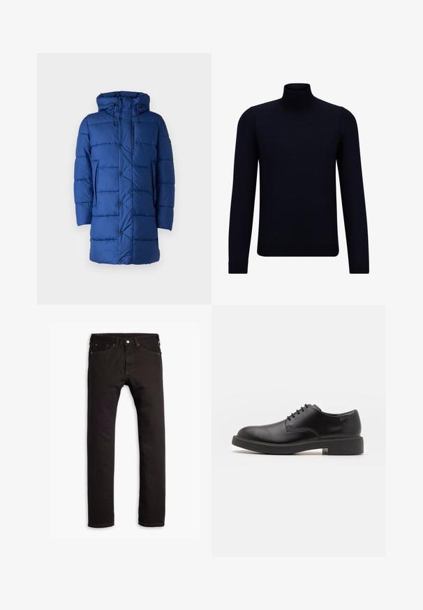 Save the duck DAMON - Talvitakki - eclipse blue; Tumma laivaston sininen pullover-neuletakki, joka on valmistettu hienosta neulosta, pitkillä hihoilla ja istuvalla, korkealla kauluskannalla. Ei näkyviä kuvioita tai koristeita.; Mustat slim-fit farkut, joissa on viisi taskua ja napitus, esiteltyinä tasaisena valkoista taustaa vasten.; Mustat nahkasaappaat, joissa on pyöreä kärki, sileä pinta, minimaalinen ommel ja matala kumipohja. Logo kannassa.