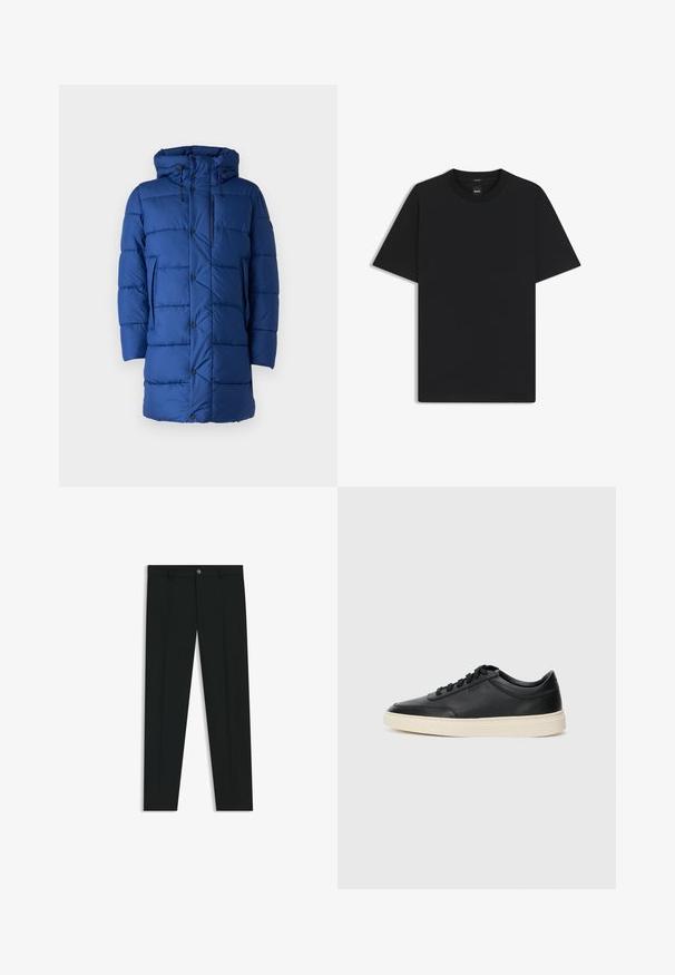 Save the duck DAMON - Giacca invernale - eclipse blue; Maglietta nera a maniche corte realizzata in un morbido misto cotone, con scollatura a girocollo e un design minimalista senza motivi o dettagli.; Pantaloni neri in tessuto lisci, con design a gamba dritta. Presentano una chiusura frontale con bottone e passanti per cintura. Senza fantasie.; Sneaker in pelle nera a basso profilo con lacci neri e suola avorio, mostrato di profilo su sfondo bianco.