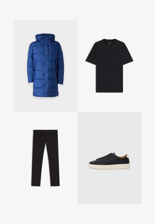 Save the duck DAMON - Winterjacke - eclipse blue; Schwarz T-Shirt mit kurzen Ärmeln aus einem glatten Baumwollmix, mit Rundhalsausschnitt und einem minimalistischen Design ohne Muster oder Akzente.; Schwarze Hosen aus einem Stoff mit glatter текстуре. Verfügt über einen Knopfverschluss, Gürtelschlaufen und Seitentaschen. Klassisches Design mit geradem Bein.; Schwarze Ledersneaker mit glatter Textur, beiger Gummisohle, Schnürdesign und einem kontrastierenden Fersenakzent.