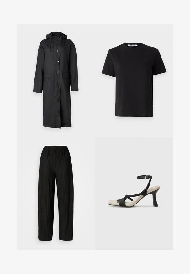 Dugi crni vodootporni kaput s kapuljačom, sa gumbima na pritisak, dva prednja džepa i glatkom teksturom. Ležeran dizajn s dugim rukavima.; Crna kratka majica s kratkim rukavima od mekanog pamuka, s okruglim izrezom, opuštenim krojem i glatkom teksturom. Nema vidljivih uzoraka ili grafike.; Crne široke hlače s nabranim nogavicama i elastičnim pojasom. Tkanina ima vertikalne nabore i glatku teksturu.; Crne sandale na visokom potpetici s dizajnom pletenih trakica, kvadratnim vrhom i podešivom trakicom oko gležnja. Svijetlosmeđi ulošci s sjajnim crnim potpeticama.