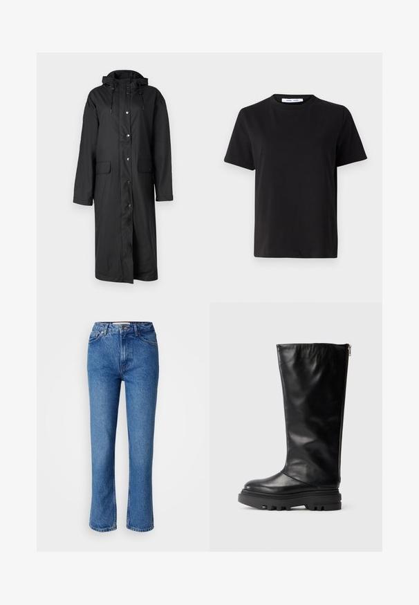 Garšs melns ūdensizturīgs mētelis ar kapuci, ar pogāmu aizdari, divām priekšējām kabatām un gludu tekstūru. Ikdienišķs dizains ar pilnām piedurknēm.; Melna īsām piedurknēm T-kreklu, kas izgatavots no mīksta kokvilnas, ar apļveida kakla izgriezumu, brīvu piegriezumu un gludu tekstūru. Nav redzamu rakstu vai grafikas.; Zilā džinsā ar taisnu kāju griezumu, ar klasisku piecu kabatu dizainu, oranžiem šuvumiem un pogu aizdari.; Melnas ādas ceļgalu augstas kurpes ar noapaļotu purngalu, masīvu gumijas zoli un sānu rāvējslēdzēju. Gluda tekstūra ar minimālu detaļu daudzumu.