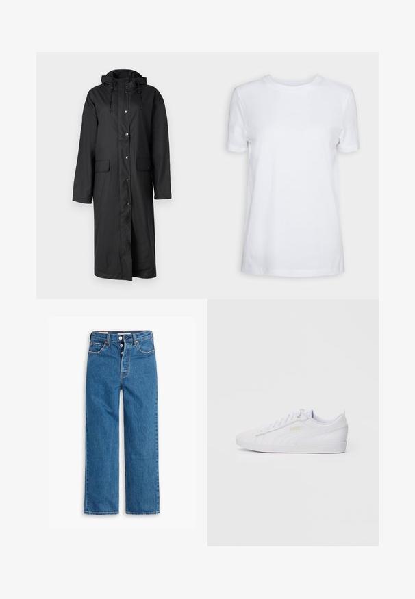 Lang svart vanntett kåpe med hette, med trykknapper, to frontlommer og en glatt tekstur. Uformelt design med lange ermer.; Hvit kortermet t-skjorte laget av bomull. Rund hals-design med en jevn tekstur og ingen synlige mønstre eller detaljer. Enkel stil.; Blå denim straight-leg jeans med høy midje, fem lommer, og knappestolpe. Merkbar søm og kobberfargede nagler.; Hvit lavtopps Puma-sneaker med snøring foran, subtil merkevare på siden og sålen, og glatt syntetisk overdel for hverdagsbruk.