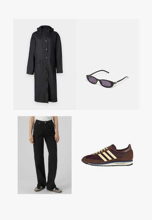 Casaco preto longo à prova d'água com capuz, apresentando fechos de botão de pressão, dois bolsos frontais e uma textura suave. Design casual com mangas compridas.; Camisa branca de mangas longas com decote redondo. O tecido possui um padrão texturizado com riscas verticais e detalhes em canelado.; Fatos de ganga pretos de cintura alta com um corte reto, feitos de denim, apresentando dois bolsos frontais e detalhes em metal latão.; Sapatilhas castanhas e burgundy com materiais em camurça e malha, apresentando três riscas cremes, tecido texturizado na lingueta e sola de borracha.; Gucci Óculos de sol - black/grey; DRAGON DIFFUSION MINI FLAT GORA - Mala de mão - dark brown