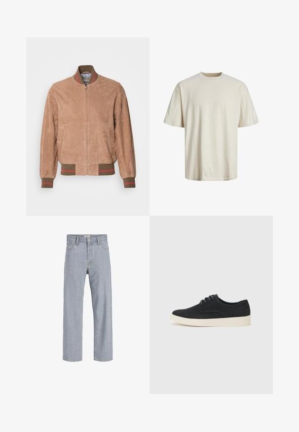 Gaiši brūns zamša bomber jakas ar priekšējo rāvējslēdzēju, ribota adījuma aproces un jostas, kā arī kontrastējošas sarkanas svītras uz aprocēm.; Kruķa kakla kokvilnas t-krekls off-white krāsā, ar īsām piedurknēm, brīvu piegriezumu un gludu, vieglu tekstūru.; Gai zils džinsu audums ar brīvu piegriezumu, taisnu kāju dizainu, redzamām šuvēm, divām priekšējām kabatām un pogu aizdari.; Melna zamšā ar auklēm, ar noapaļotu purngalu, viegla krēmkrāsas zole un smalki zila šuvēšana akcentos augšējā daļā.