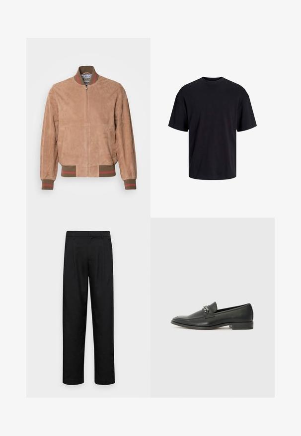 Hellbraune Wildleder-Bomberjacke mit einem Frontreißverschluss, gerippten Strickbündchen und -saum sowie kontrastierenden roten Streifen an den Bündchen.; Schwarzes Baumwoll-T-Shirt mit Rundhalsausschnitt, kurzen Ärmeln und lässiger Passform. Glatte Oberflächenstruktur und keine sichtbaren Muster oder Akzente.; Schwarze Hose aus glattem Stoff, mit geradem Bein Design, zwei vorderen Falten und einem Standardbund mit Gürtelschlaufen.; Schwarzer Lederloafer mit glatter Oberfläche, ausgestattet mit einer gesteppten Gestaltung und einem dekorativen Metallkettendetail über dem Vorderblatt. Flacher Absatz.