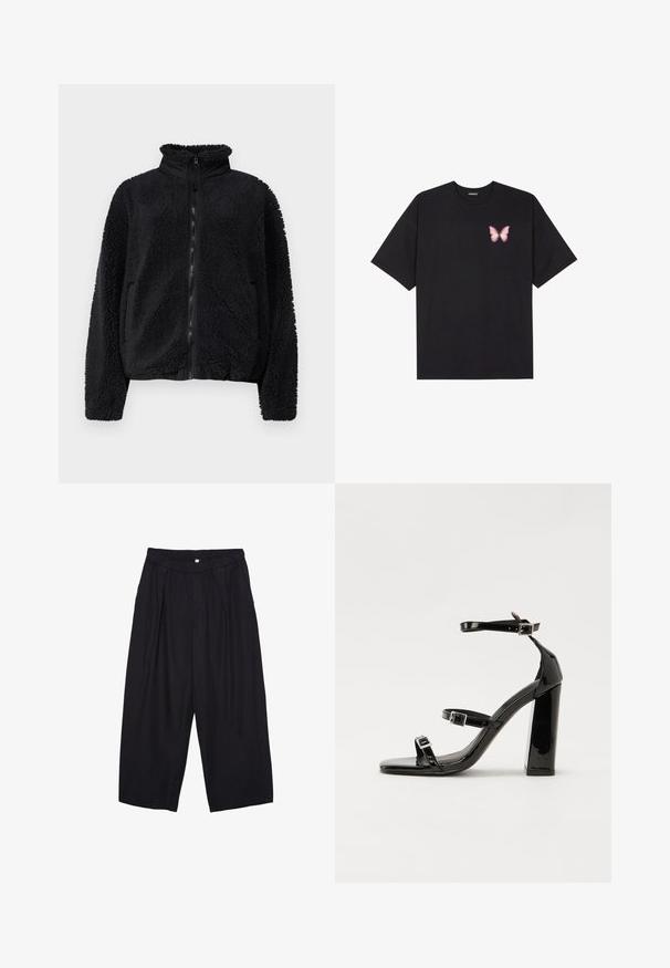 BDG Urban Outfitters OLIVE BOXY - Jakna od flisa - black; Crna pamučna majica s kratkim rukavima, s malim grafičkim prikazom ružičaste vjetricaste s desne strane na prsima. Dizajn s okruglim izrezom i opuštenim krojem.; Crne poliester hlače culotte s elastičnim pojasom, dva prednja nabora i širokim krojem. Nema vidljivih uzoraka ili metalnih detalja.; Crne lakirane sandale na pete sa kvadratnim nosom, trakama oko gležnja i srebrnim kopčama. Imaju čvrst blok petu za stabilnost.