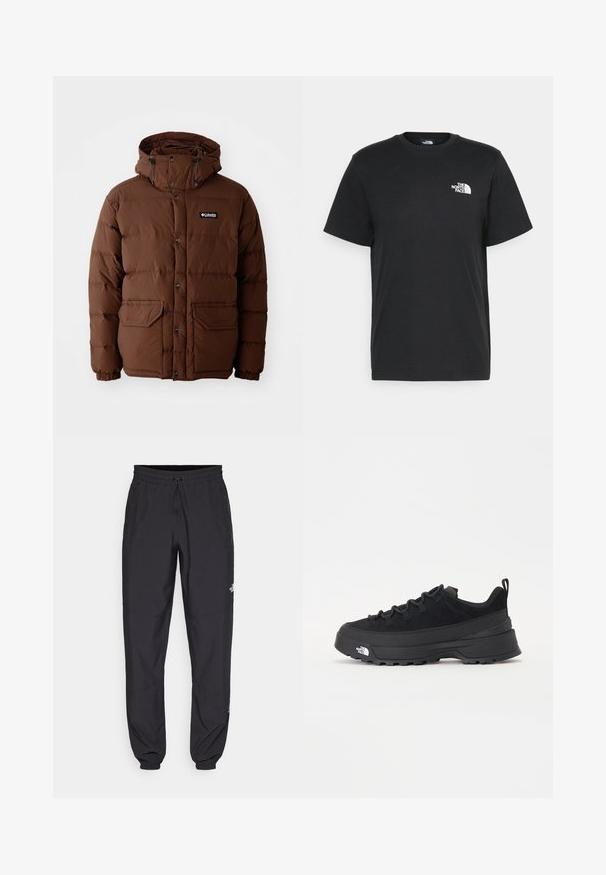 Brun pufferjakke med hette, med glidelås, trykknapper og to frontlommer. Laget av kviltet, vannavstøtende materiale.; Svart bomull t-skjorte med korte ermer, rund hals og en liten hvit logo på venstre bryst. Enkel design, glatt tekstur og avslappet passform.; Sorte idrettsbukser laget av lett stoff, med snor i livet, sidelommer og smale mansjetter ved anklene.; Svart utendørs sneakers med overdel i semsket skinn, teksturert gummisåle og solid snøresystem. Har forsterket hæl og merkevarelogo på siden.