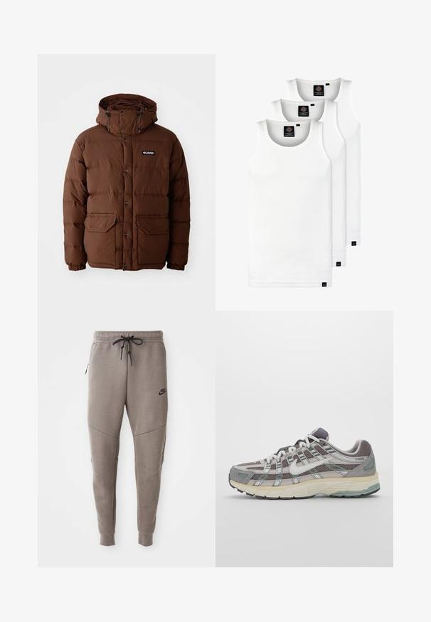 Brown puffer jacket with a hood, featuring a zip closure, snap buttons, and two front pockets. Made from quilted, water-resistant material.; Three white ribbed tank tops made of cotton. Features a crew neck and small black labels near the hem. Available in multiple sizes.; Gray Nike sweatpants with a drawstring waistband, tapered legs, side pockets, and distinct seam detailing. Soft, textured fabric.; Gray athletic shoe featuring a mesh and suede upper, white accents, a cushioned sole, and a distinctive design with reflective elements.