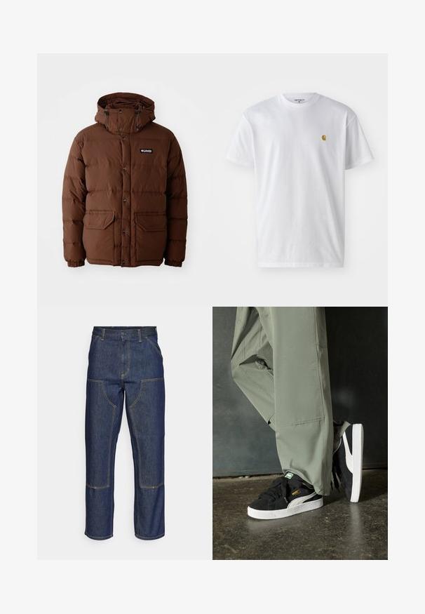 Brown puffer jacket with a hood, featuring a zip closure, snap buttons, and two front pockets. Made from quilted, water-resistant material.; White cotton t-shirt with short sleeves, crew neck, featuring a small gold logo on the left chest area. Soft texture and regular fit.; Dark blue denim jeans with a high waist, straight leg design, contrasting stitching, and patch pockets on the front.; Black suede sneakers with white rubber soles and side stripes, paired with light green cargo pants, standing on a textured dark surface.