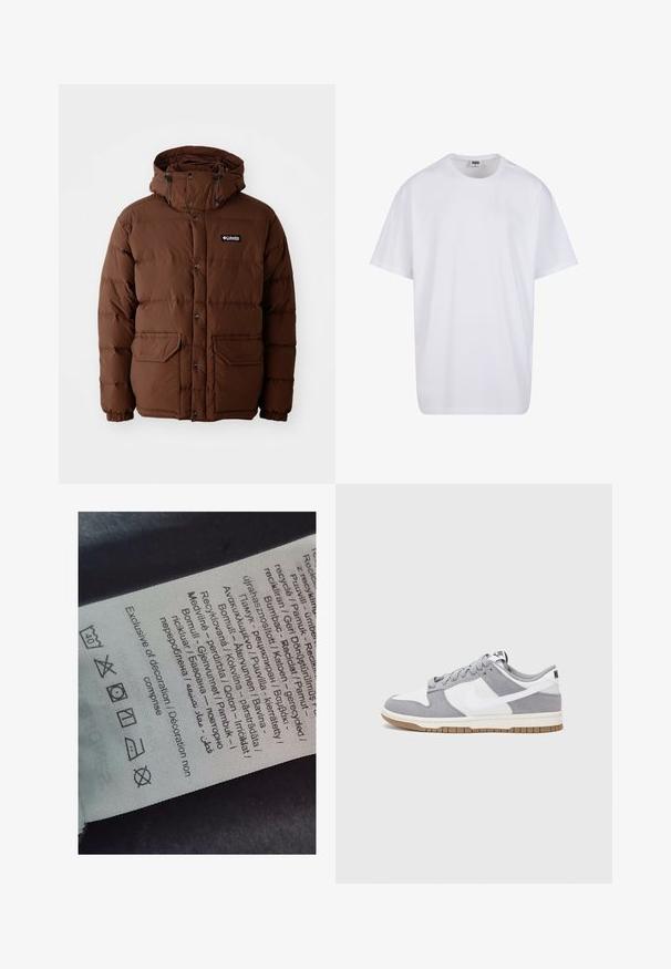 Brown puffer jacket with a hood, featuring a zip closure, snap buttons, and two front pockets. Made from quilted, water-resistant material.; White cotton t-shirt with short sleeves, rounded neckline, relaxed fit, and no visible logos or patterns. Smooth texture and minimal design.; Label tag with multi-language text, care symbols, and recycling icons, printed on a soft fabric-like material in light color.; Nike sneakers feature a gray suede and white leather upper with perforations, round laces, and a gum sole for traction.