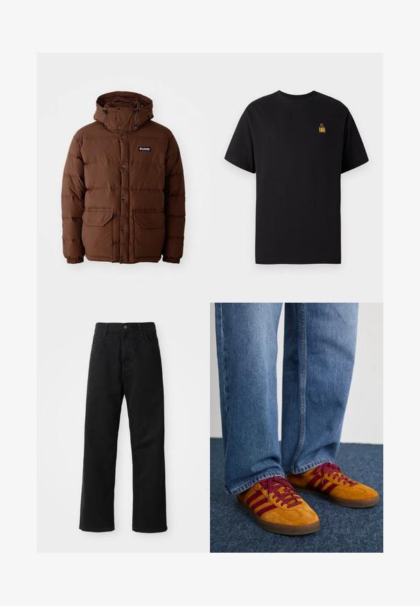 Smeđa puf jakna s kapuljačom, koja ima zatvaranje na zip, kopčanje na dugmadi i dva prednja džepa. Izrađena od podstavljene, vodootporne tkanine.; Crna pamučna majica s kratkim rukavima, okruglim izrezom i malim žutim vezom na lijevoj strani prsnog područja.; Crne traperice ravnog kroja, s prednjim džepovima, patentnim zatvaračem i jednim gornjim dugmetom. Teksturirana tkanina s mat završetkom.; Narančasti nubuk tenisice s tamnocrvenim prugama i vezicama. Nosene s širokim plavim trapericama, odmaraju se na tamnoplavoj teksturiranoj površini.