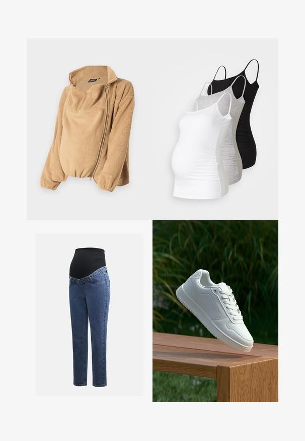 Beżowa polarowa kurtka z wysokim kołnierzem i zamkiem błyskawicznym z przodu. Posiada długie rękawy oraz miękką, teksturowaną powierzchnię. Prosty, funkcjonalny design.; Trzy topy ciążowe na ramiączkach w kolorze białym, szarym i czarnym. Elastyczny materiał z regulowanymi ramiączkami i zaszewkami po bokach dla wygody.; Spodnie ciążowe z niebieskimi nogawkami z denimu i czarną elastyczną tablicą brzuszną, zaprojektowane w celu wsparcia i pokrycia rosnącego brzucha.; Biały sneaker z gładką syntetyczną cholewą, perforowanym noskiem, płaskimi sznurowadłami i teksturowaną podeszwą, wyeksponowany na drewnianej powierzchni.