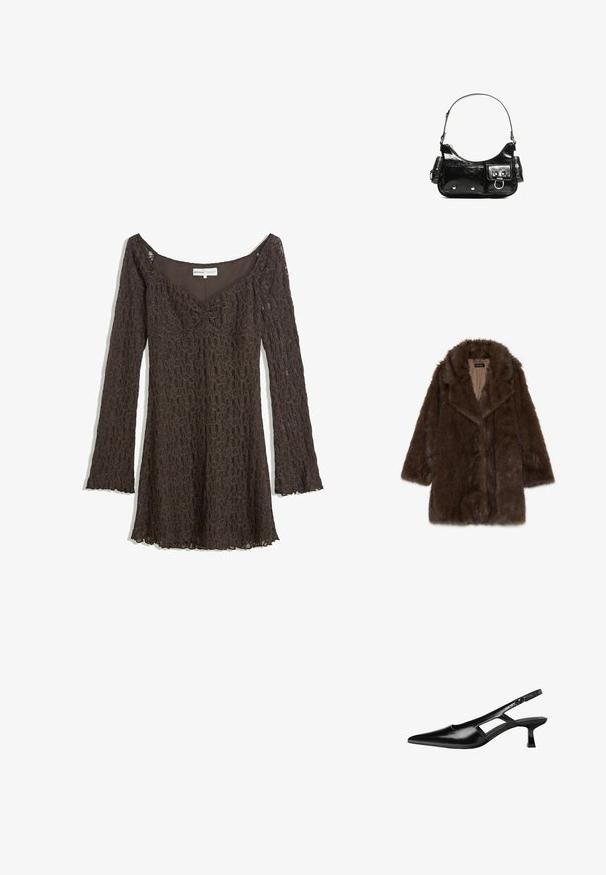 Smešani smeđi kaput od umjetnog krzna s širokim ovratnikom, dugim rukavima i otvorenim prednjim dijelom. Ima meku, teksturiranu površinu i glatku unutarnju oblogu.; Smeđa čipkasta haljina s dugim rukavima, dizajn bez naramenica, cvjetni uzorak, naborani detalj na prednjem dijelu i ukrašeni rub.; Crne lakirane natikače na remenčić sa špicastim nosom, dizajnom sa izrezima sa strane i malim kvadratnim potplatom. Glatka tekstura s minimalnim akcentima.; Crna patentna kožna torba s zakrivljenim oblikom, jednim remenom za rame, prednjim džepovima i akcentima od srebrnog tona.