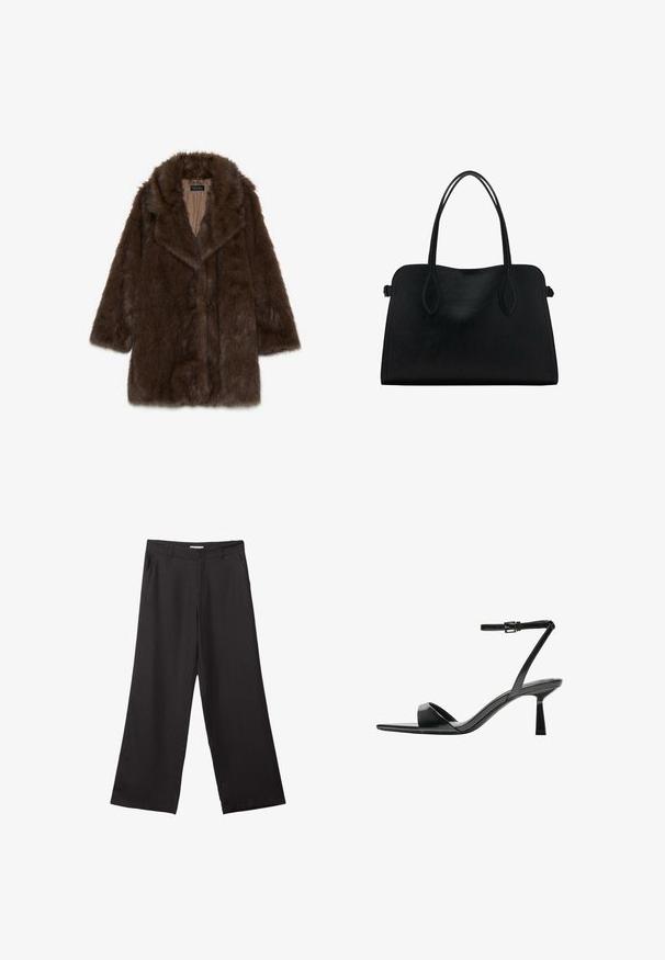 Brauner Kunstfellmantel mit weitem Kragen, langen Ärmeln und offenem Vorderteil. Verfügt über eine weiche, strukturierte Oberfläche und ein glattes Innenfutter.; Schwarzer, langärmeliger, gestrickter Pullover mit gepolsterten Schultern sowie gerippten Bündchen und Saum, dargestellt vor einem weißen Hintergrund.; Schwarze weite Hosen aus glattem Stoff, mit einem Reißverschluss vorne und zwei seitlichen Taschen, maßgeschneiderter Passform und minimalistischem Design.; Bershka High Heel Sandalette - black; Schwarze Lederhandtasche mit zwei Schulterriemen, rechteckiger Form und minimalistischem Design auf weißem Hintergrund.