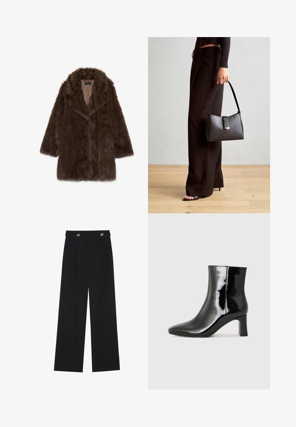 Abrigo de piel sintética marrón con un amplio cuello, mangas largas y abertura frontal. Presenta una superficie suave y texturizada y un forro interior liso.; Top negro con escote en V y mangas de vuelo hechas de tejido transparente. El cuerpo principal es de textura sólida, con detalles acentuados en las mangas.; Pantalones de pierna ancha negros con cintura alta, detalles de botones en la cinturilla y pliegues en la parte delantera.; Botín de charol negro con punta afilada y un tacón de bloque de altura media. Textura suave y diseño minimalista.; Bolso negro con forma estructurada, textura suave y un cierre metálico. Combinado con pantalones anchos negros y sandalias de dedo en un suelo de madera.
