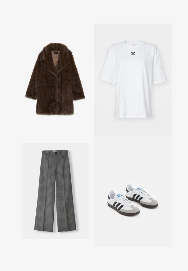 Cappotto in pelliccia sintetica marrone con ampio colletto, maniche lunghe e apertura frontale. Presenta una superficie morbida e testurizzata e una fodera interna liscia.; T-shirt bianco a maniche corte in cotone. Presenta un collo rotondo e un piccolo logo Adidas nero sul petto. Orlo dritto.; Pantaloni a gamba larga grigi con motivo a righe, dotati di chiusura con bottone e due tasche frontali. Realizzati in tessuto testurizzato.; Scarpe sportive con tomaia in pelle bianca, punta in suede grigia e tre strisce nere. Presentano un logo blu sulla linguetta e una suola in gomma testurizzata.