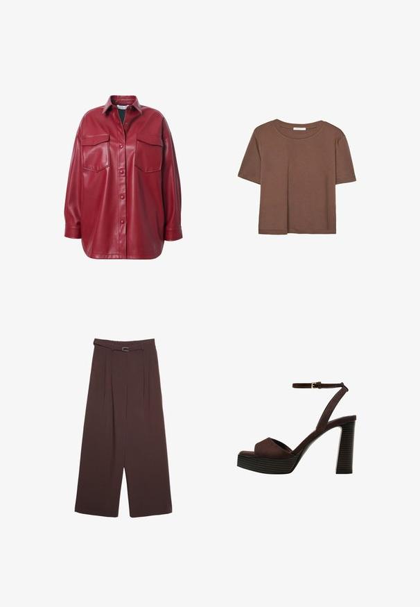 Camicia oversize in pelle rossa con colletto appuntito, chiusura frontale con bottoni e due tasche sul petto. Texture liscia e vestibilità rilassata.; Maglietta a maniche corte marrone realizzata in tessuto morbido, con scollatura rotonda e vestibilità rilassata. Nessun motivo o dettaglio visibile.; Stradivarius WIDE-LEG WITH BUCKLE DETAIL - Pantaloni - dark brown; Sandal in camoscio marrone con tacco alto, punta aperta, cinturino alla caviglia regolabile e suola a piattaforma striata.