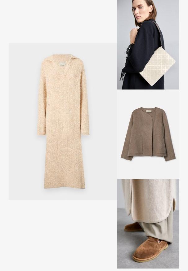 Vanessa Bruno CHANN - Nyári dzseki - taupe; Beige kötött ruha V-nyakkivágással és gallérral, hosszú ujjú, bordás mandzsettával. Puha textúrájú, enyhén textúrázott mintázattal az egész felületen.; Barna velúr slip-on cipők, lekerekített orral, gumitalppal és oldalsó kivágással, világos bézs testre szabott nadrággal párosítva.; Beige mintázatú válltáska, amelynek merev formája van, és barna textúrált pántja. Egy modellen viselve, szürke háttér előtt.