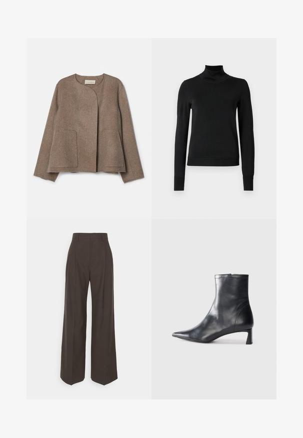 Vanessa Bruno CHANN - Kevyt takki - taupe; Musta pitkähihaisen pooloneuleen, jossa on ribbikuvioiset hihansuut ja helma, esitetty yksinkertaisella valkoisella taustalla.; Tummanruskeat leveälahkeiset housut korkealla vyötäröllä, joissa on siistit prässäykset, sileä pinta ja muotoonommeltu istuvuus.; Musta nahkainen nilkkabotti, jossa on teräväkärkinen muotoilu ja tyylikäs design. Varusteena matala korko ja takana vetoketjukiinnitys. Sileä pinta.