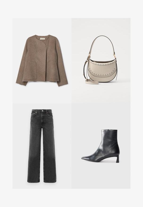 Vanessa Bruno CHANN - Summer jacket - taupe; White ribbed short-sleeve T-shirt with a crew neck. The fabric appears smooth with a fitted silhouette. Branding label visible at the collar.; Black high-waist straight-leg denim jeans with front button and zipper, two front pockets, and two back pockets.; Black leather ankle boot with a pointed toe and a sleek design. Features a low heel and a zipper closure at the back. Smooth texture.; Vanessa Bruno MINI DAILY BAG - Handbag - ivoire