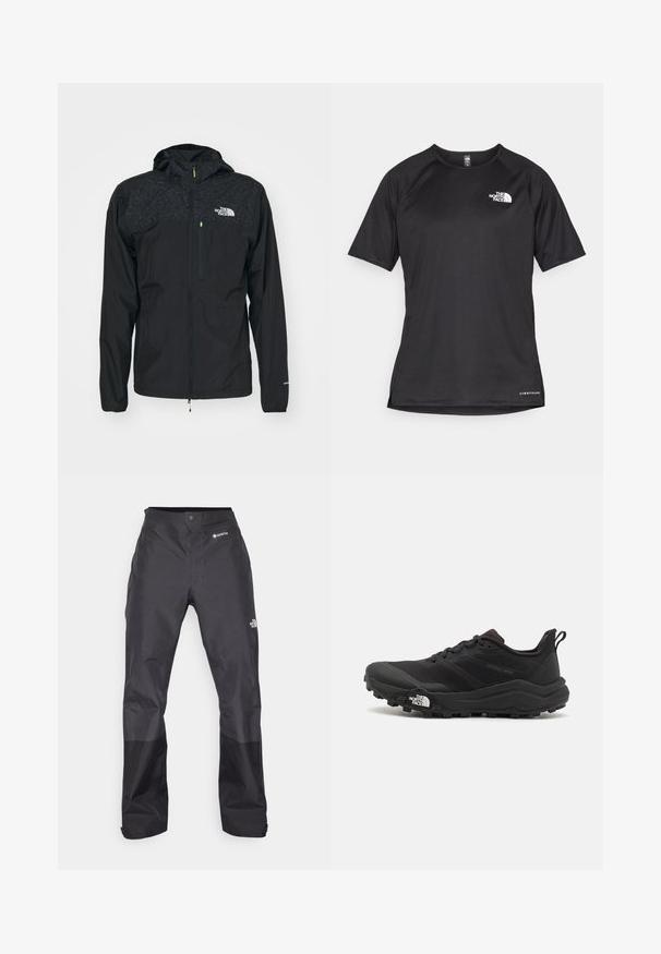 The North Face HIGHER RUN JACKET - Vetrovka - black; Čierne športové tričko s krátkym rukávom z texturovanej látky, s bielym logom na ľavej hrudi a rovným lemom.; Čierne nepremokavé nohavice s hladkým povrchom, so značkou GORE-TEX na prednej strane a zosilnenými dolnými nohavicami pre väčšiu odolnosť.; Čierne trailové behacie topánky s štruktúrovaným zvrškom, gumovou podrážkou a vystuženou špičkou. Obsahuje polstrovaný golier a úchyt na jednoduché obúvanie.