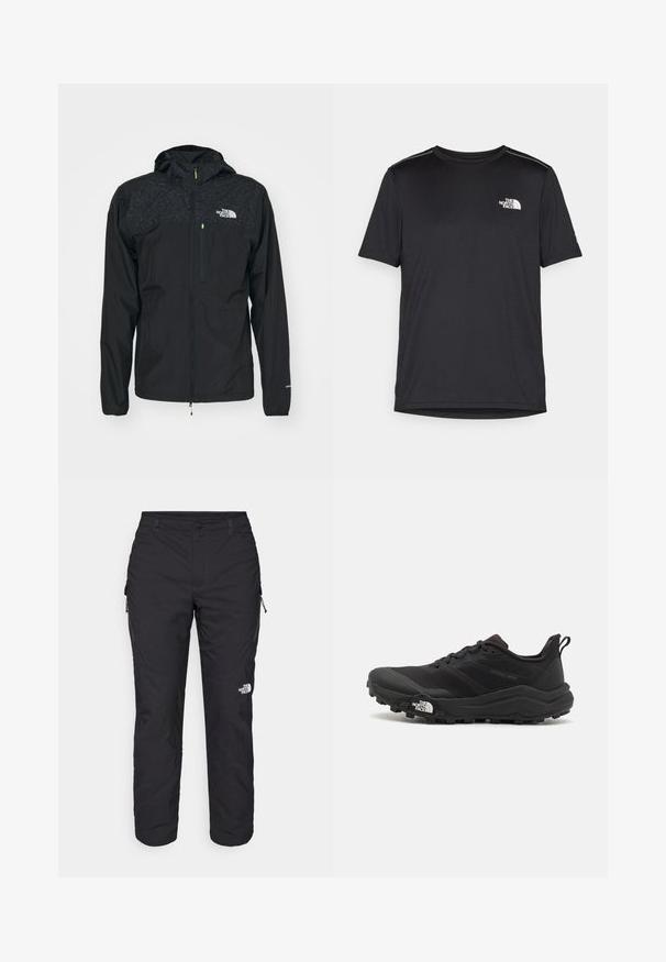 The North Face HIGHER RUN JACKET - Széldzseki - black; Fekete, rövid ujjú póló, könnyű anyagból készült. Bal mellen egy kis fehér logó található, és finom vállrész kiemelések.; The North Face WINTER EXPLORATION TAPERED CARGO - Szabadtéri nadrágok - black; Fekete terepfutó cipő, textúrált felső résszel, gumitalppal és megerősített lábujjrészével. Párnázott bokarésszel és húzófüllel rendelkezik a könnyű felhúzáshoz.
