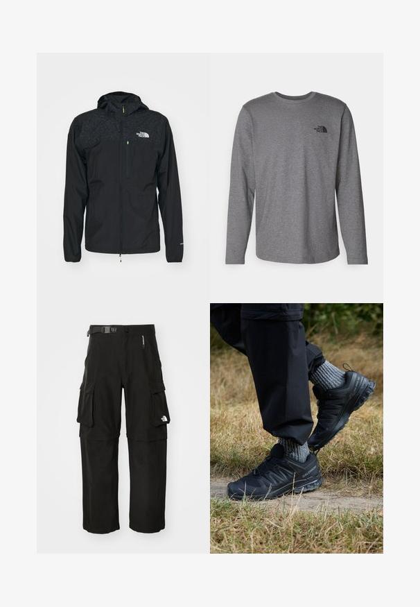 The North Face HIGHER RUN JACKET - Cortaviento - black; The North Face M L/S SIMPLE DOME TEE - Camiseta de manga larga - medium grey heather; Pantalones cargo negros hechos de tela duradera, con múltiples bolsillos, un cinturón y un logo en la parte baja de la pierna. Corte recto con una textura suave.; Zapatillas deportivas negras con parte superior de malla texturizada, suela de goma y un sistema de cordones prominente. Combinadas con calcetines de punto grises y pantalones negros.
