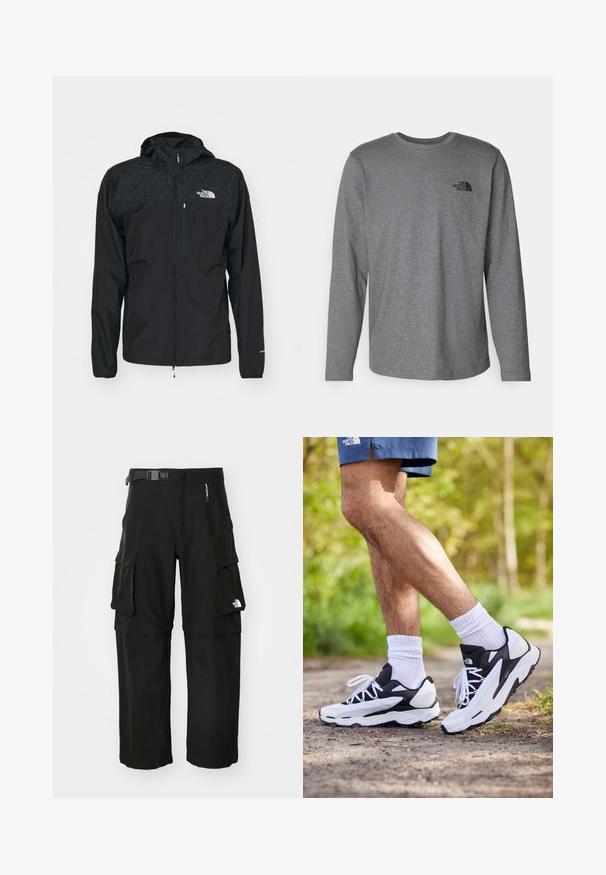 The North Face HIGHER RUN JACKET - Windbreakers - black; The North Face M L/S SIMPLE DOME TEE - Langærmet T-shirt - medium grey heather; Sorte cargo-bukser lavet af slidstærkt stof, med flere lommer, et bælte, og et logo på den nederste del af benet. Lige snit med en glat tekstur.; Sorte og hvide sportsko med mesh-overdel, teksturerede accenter og hvide snørebånd. Båret med hvide ankelstrømper og marineblå shorts på en sti.